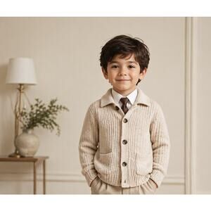 Cat & Jack Toddler Boys Cardigan 4T Cream Knit Button Front Sweater Pockets Cozy